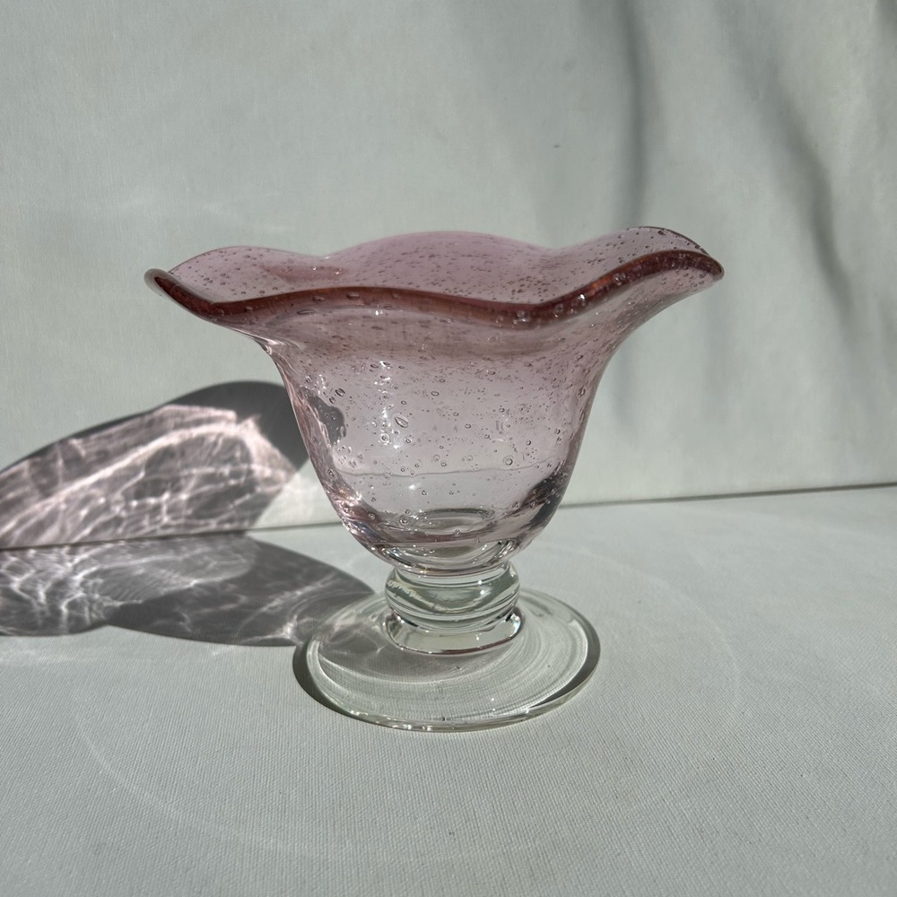 Clear and Pink Ruffle Top Footed Bowl